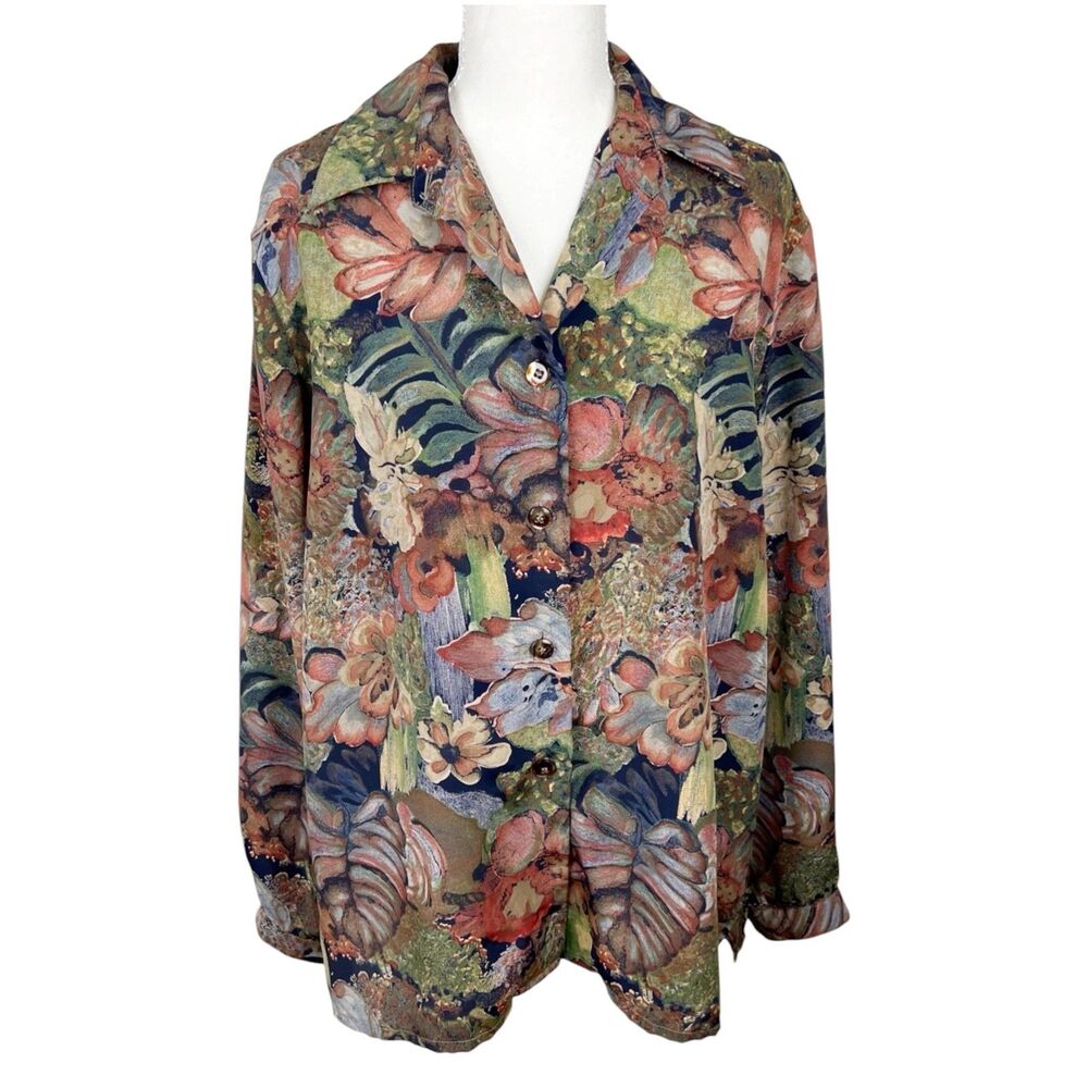 Vintage Leigh Morgan Blouse Women Large Blue Green Floral Button Up Long Sleeve